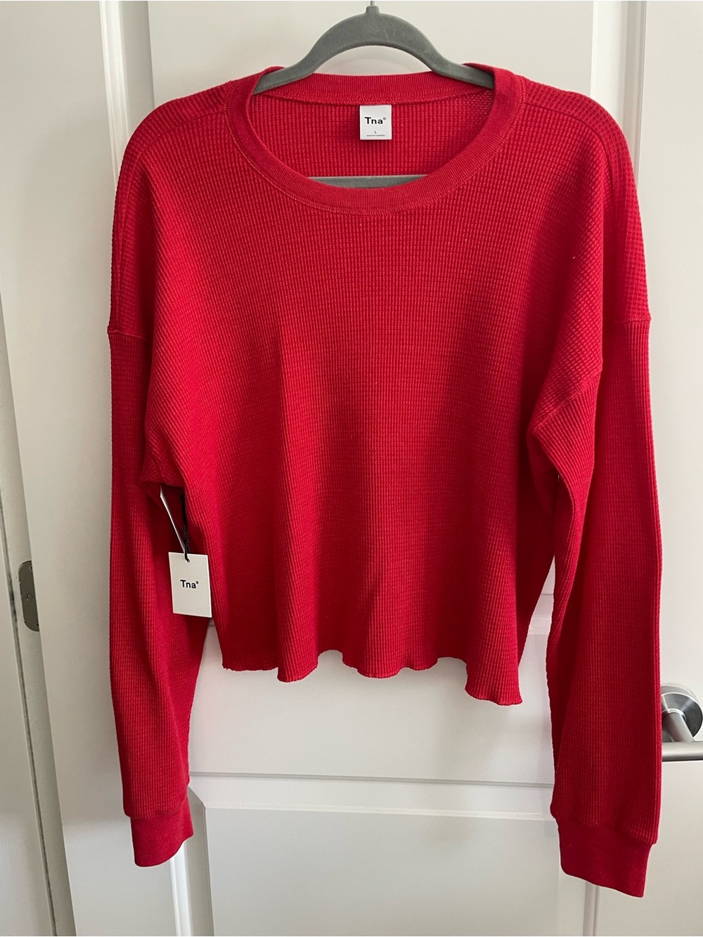 TNA Red Alamo Cropped Waffle Knit Pullover